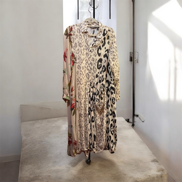 Alembika mixed print leopard floral Long Sleeve midi dress button front - Picture 2 of 8